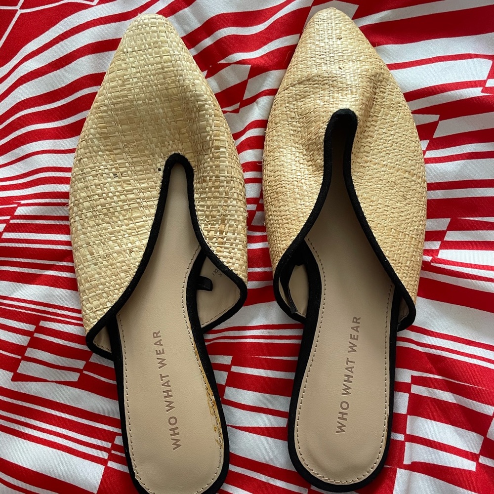 Tan and black woven flats